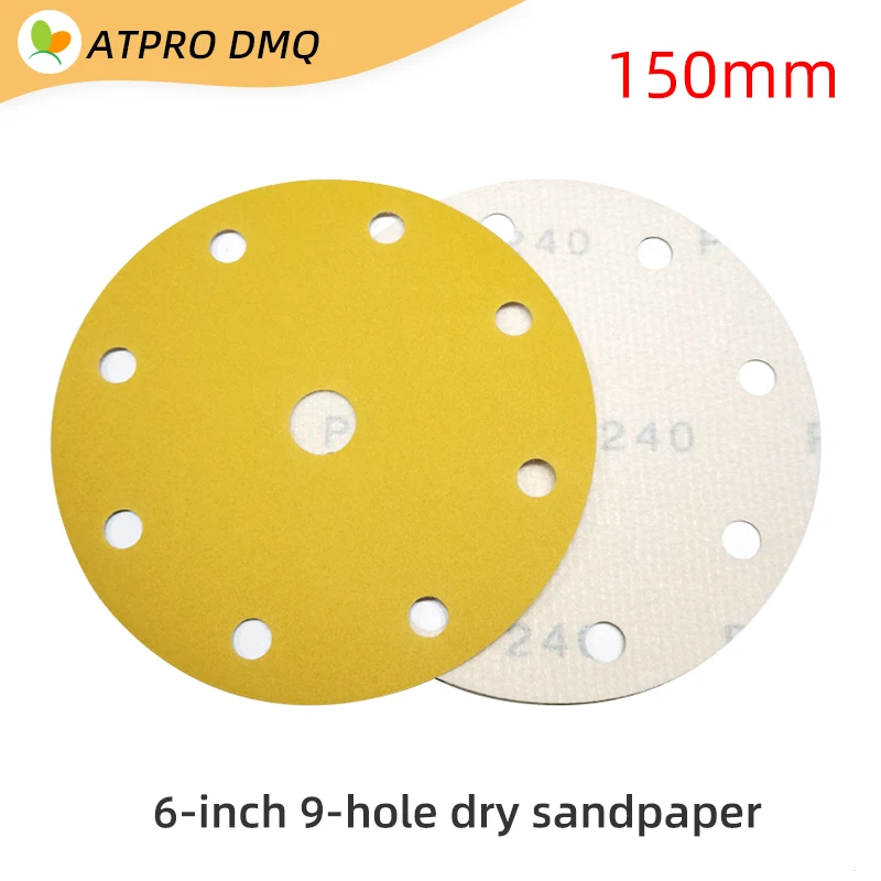 6-inch 9-hole Dry Sandpaper 150mm Yellow Flocking Disc Sandpaper Car Paintwood Sanding Polishing Disc 80-600grit