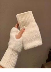 Luxurious Soft Mink Fleece Plush Knit Fingerless Winter Gloves for Women - Warm White Wrist Mittens (WHITE)