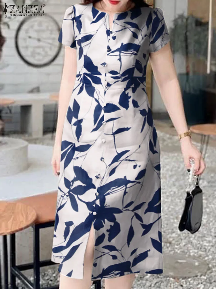 

Holiday Leaves Print Sundress ZANZEA Women Casual Midi Dress Vintage Short Sleeve Dresses Fashion 2024 Summer Slit Hem Long Robe