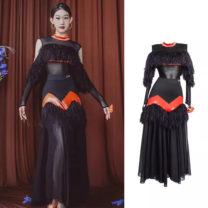 

2023 Women Off Shoulder Feather Ballroom Dance Dress Sexy Backless Bodysuit Skirt Tango Waltz Performance Stage Costume VDB7368