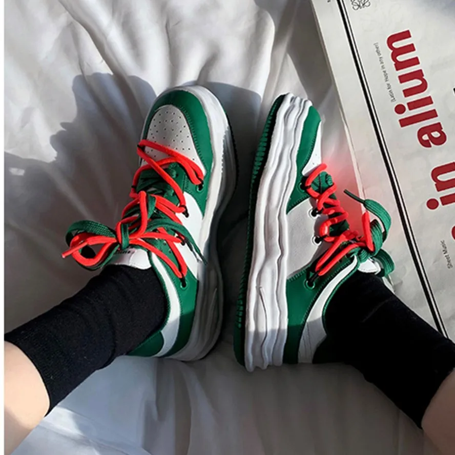 

Dave&Di High Street Fashion Shoes Retro Color Matching Round Toe Leather Thick Sole Increase Height Low Top Casual Sneakers Girl