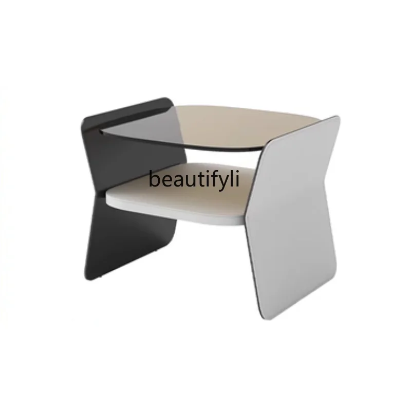 

Minimalist Saddle Leather Bedside Table Bedroom Bedside Cabinet Creative Tempered Glass Hollow Side Table