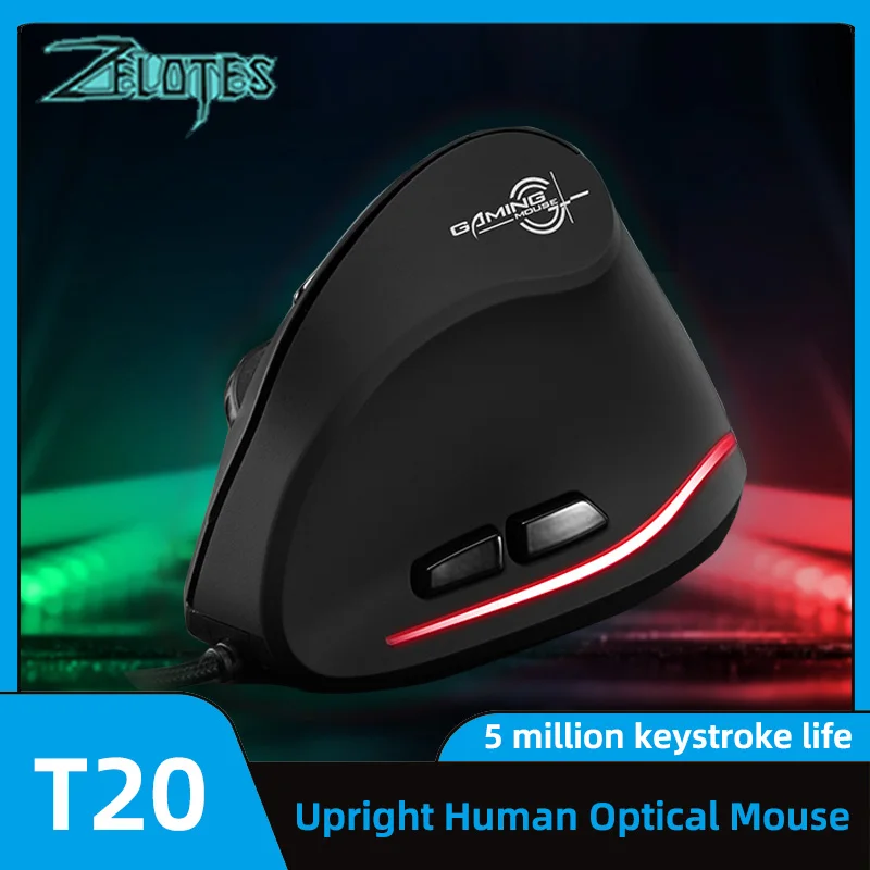 Вертикальная мышь ZELOTES T-20, эргономичная мышь, перезаряжаемая, 3200 точек на дюйм, дополнительная портативная игровая мышь для ноутбука, компьютера, настольного компьютера