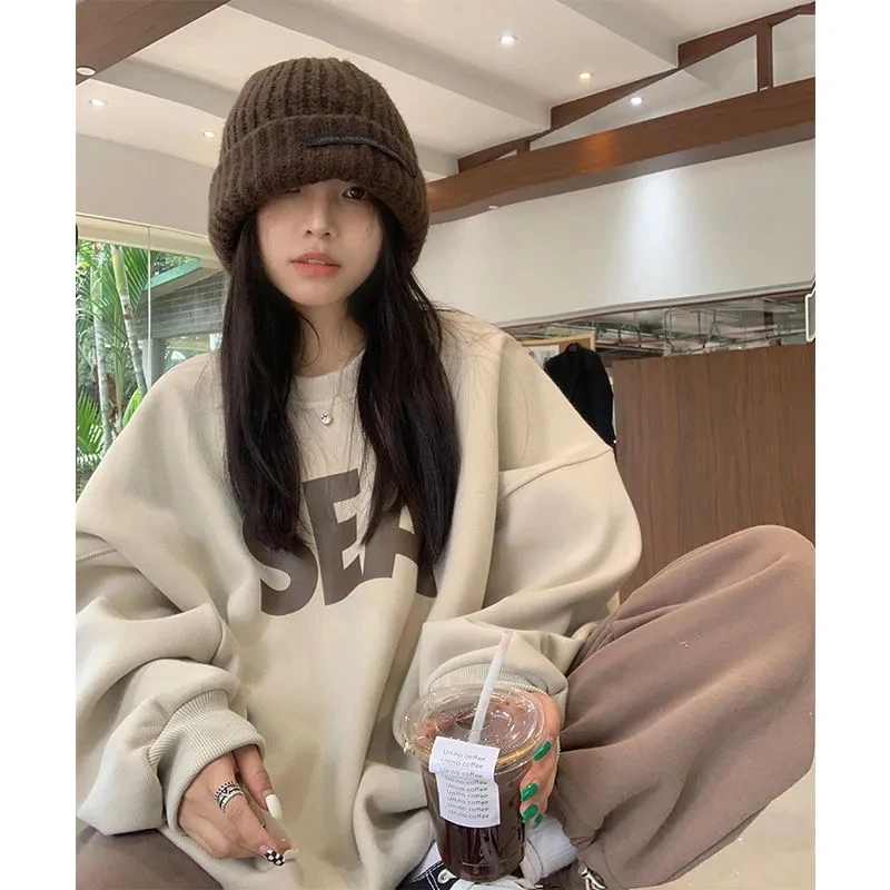 

Korean Cream Grey Crew Baggy Sweatshirt Women Fleece Thicken Fashion Letter Printing Street Lazy Wind Long Sleeves Pullover Top