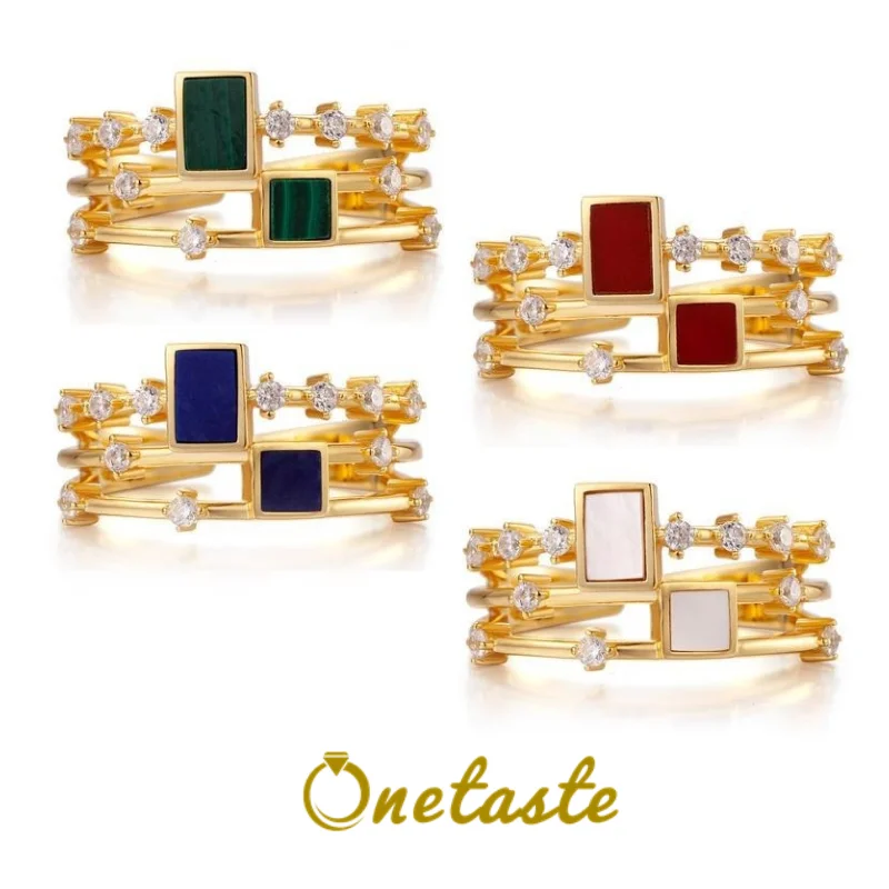 

925 Sterling Silver Gold Plated Zircon Natural Gemstone Ring Lapis Malachite Agate Shell Open Rings Girl Women Gift 2021 Trend