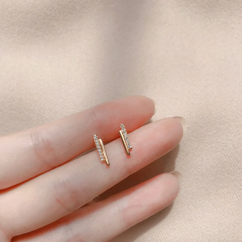 Stud Earrings Geometry Gold Silver Color Zircon For Women Simple Cute Small