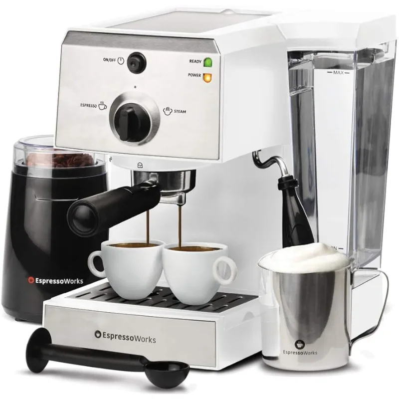 

All-In-One Espresso Machine with Milk Frother 7-Piece Set - Maker Includes Grinder, Frothing Pitcher, Cups, Spoon and Tamper