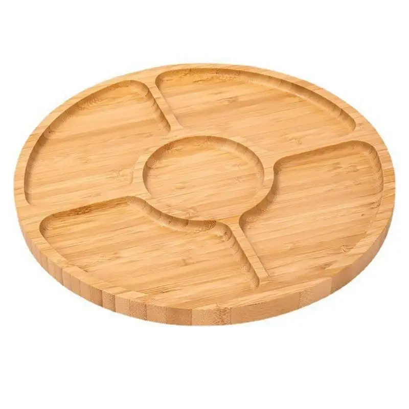 

Wooden Divided Serving Trays Bamboo Fruit Tray with 5 Compartments Round Serving Tray for Party Serving Dishes for Vegan Snacks