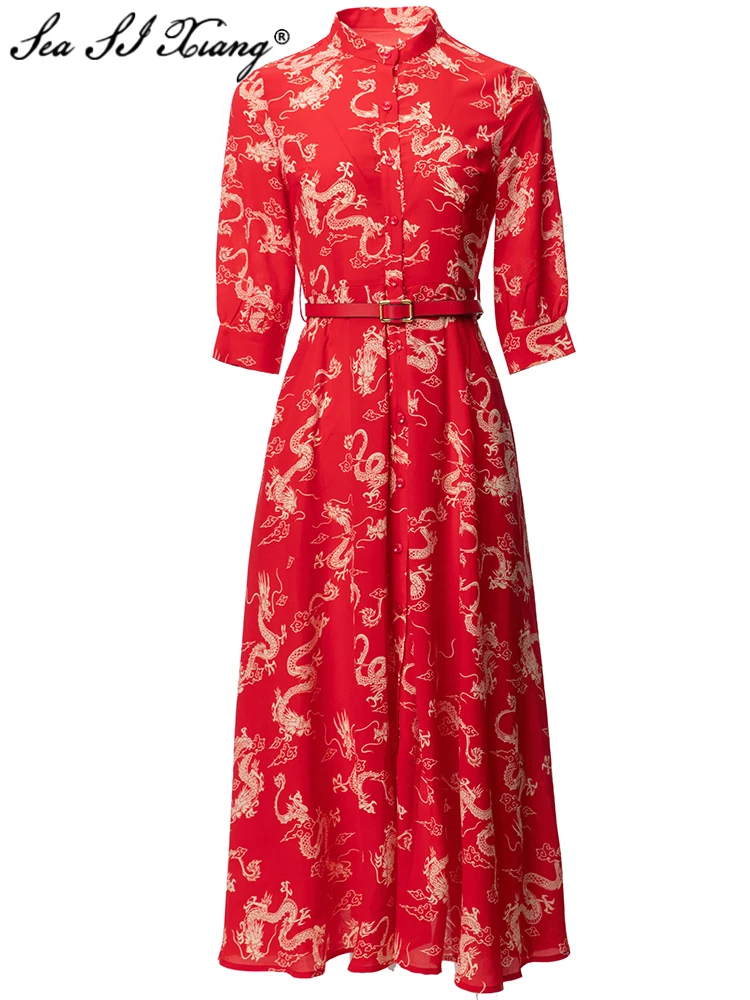 

Женское однобортное платье с воротником-стойкой, рукавом до локтя и поясом