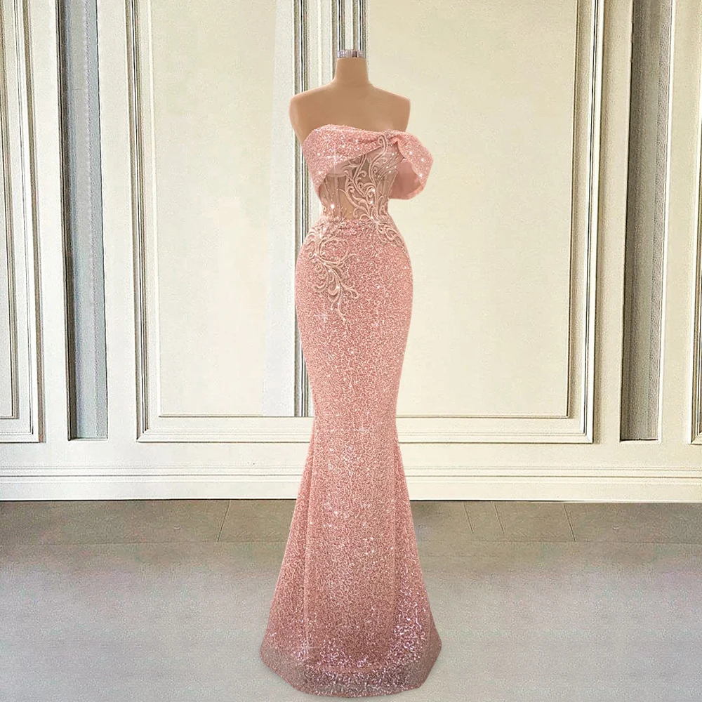 

Женское блестящее длинное платье-русалка, розовое официальное платье с блестками для выпускного вечера, Роскошные вечерние платья с открытыми плечами для выпускного вечера, 2022