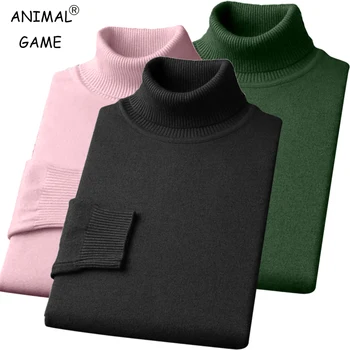 Autumn Mens High Quality Knitted Turtleneck Sweater Winter Long Sleeve Breathable Pullover Large Solid Color Warm Streetwear 1