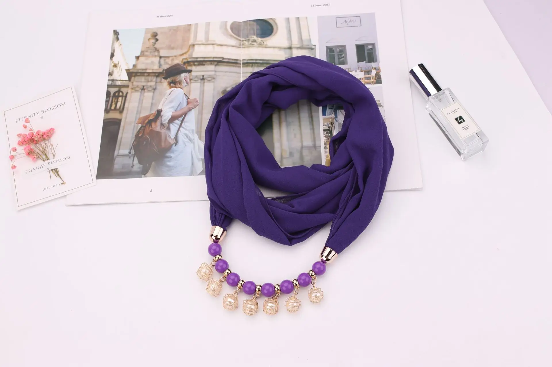 S372b0da0c1a64b4787fdbb6eb0e11102s Women Chiffon Neckerchief Hijabs Scarf Necklaces Beads Pearls Solid Color Jewelry Shawl Pendant Scarves Bohemia Head Scarf Mallzona