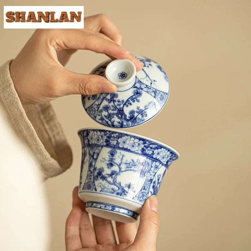 170ml Jingdezhen Antique Blue And White Gaiwan Aesthetic Twelve Gods Of Flowers Tea Tureen Tea Making Cover Bowl Cafes Craft