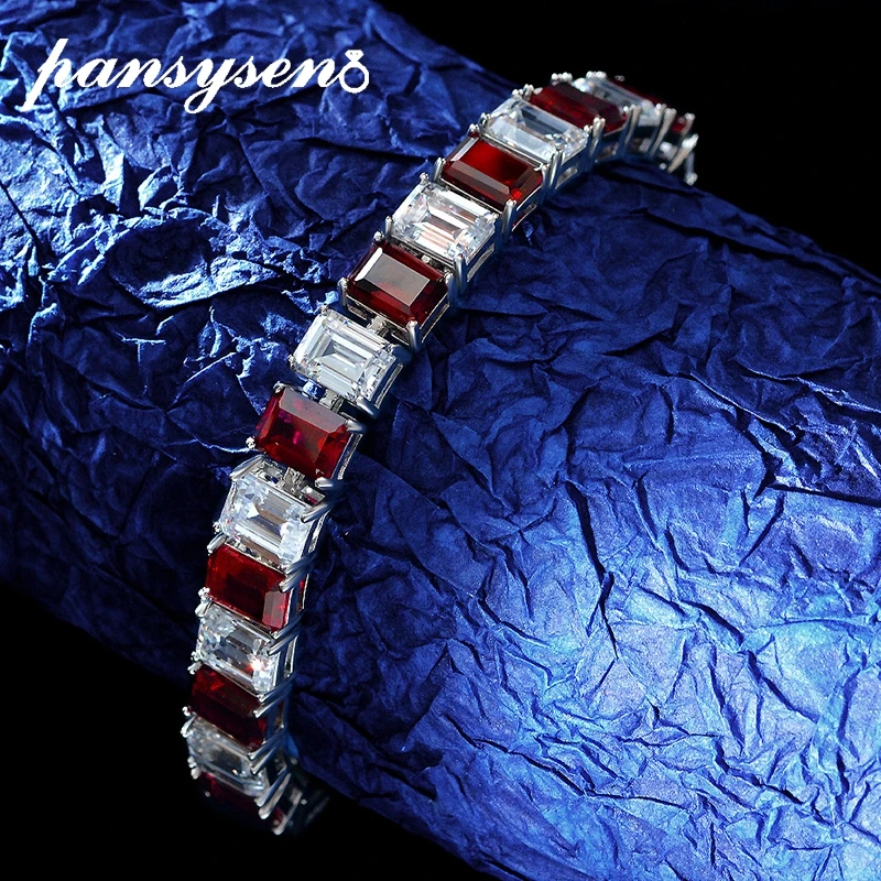 

PANSYSEN Vintage 925 Sterling Silver 6*8MM Ruby Emerald Sapphire Gemstone Bangle Bracelets for Women Luxury Wedding Party Gift