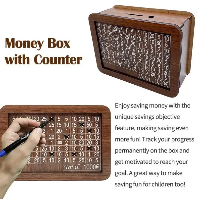 Euro Money Wood Box Piggy Bank Wood Money Bank Reusable Money Box with Saving Goal and Numbers Money Boxes Money Drawer
