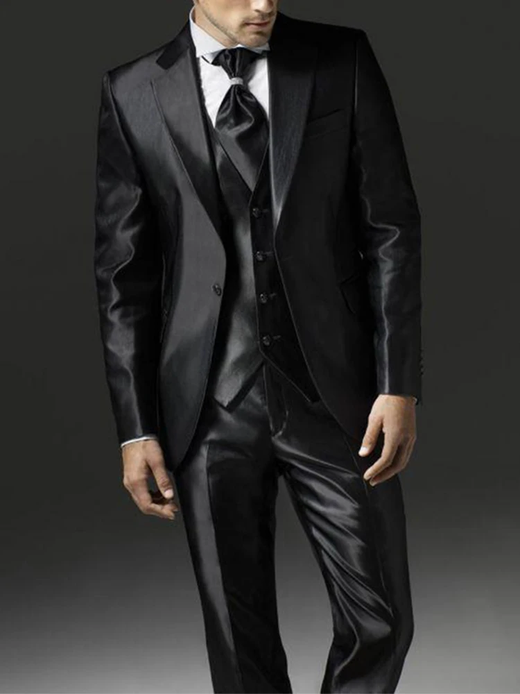 2023 New Style Black Two Bottom Satin Beach Men Suit men's Wedding Prom Suits Costume Homme 3 pezzi (giacca + pantalone + gilet)