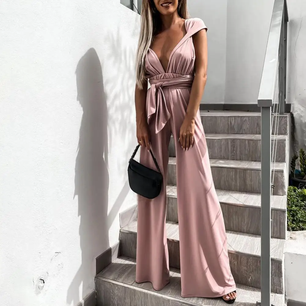 

Ladies Sleeveless Romper V Neck High Waist Wide Leg Elegant Jumpsuit for Banquet Bodysuit Female комбинезон женский جمبسوت