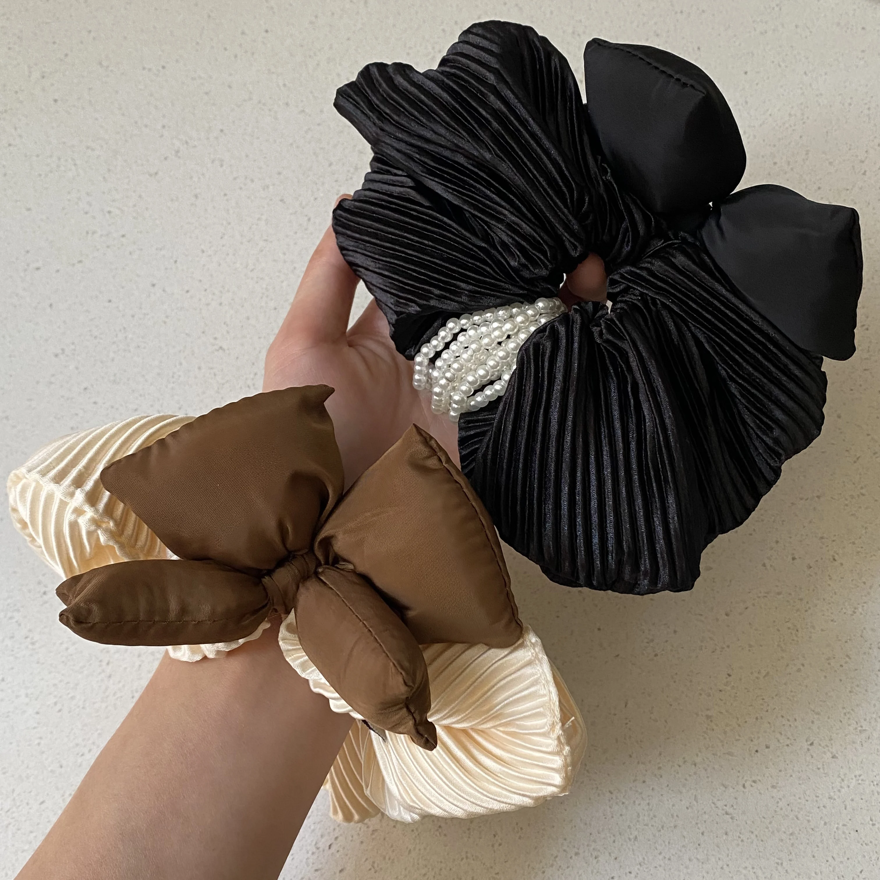 1PC  Pleated Bow Hair Scrunchies With Pearls, Beige And Black, Elegant Hair Accessories For Women