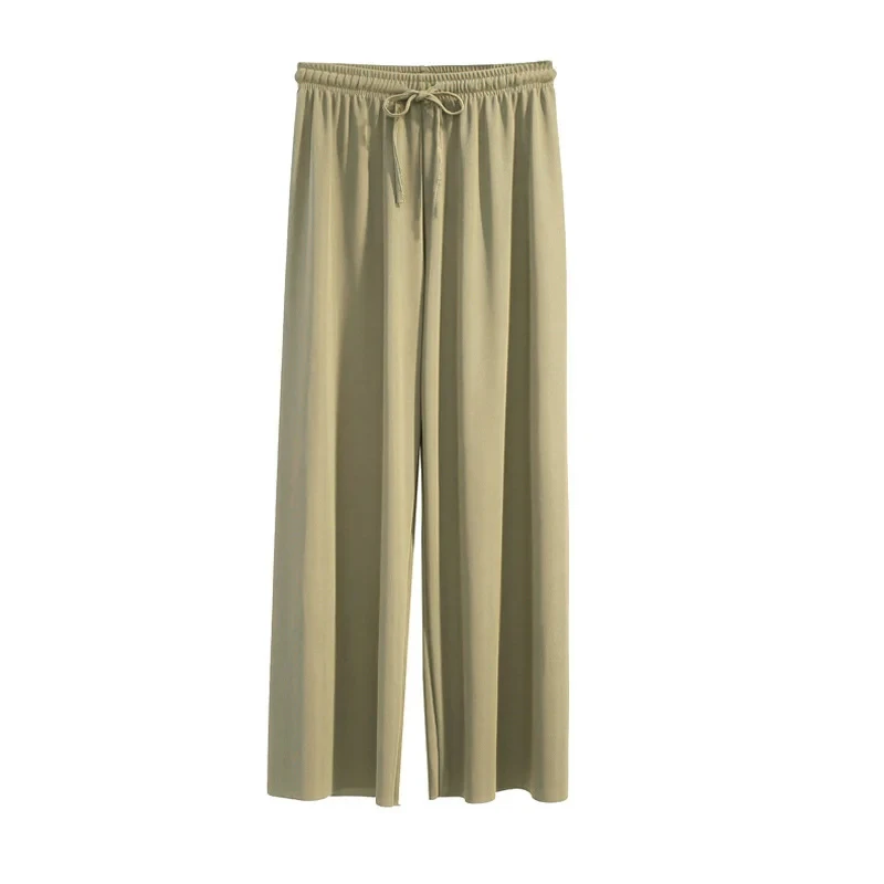 Pantalones largos de pierna ancha para mujer, informales, con cintura elástica lisa, holgados hasta el tobillo, de seda helada, rectos para primavera y verano