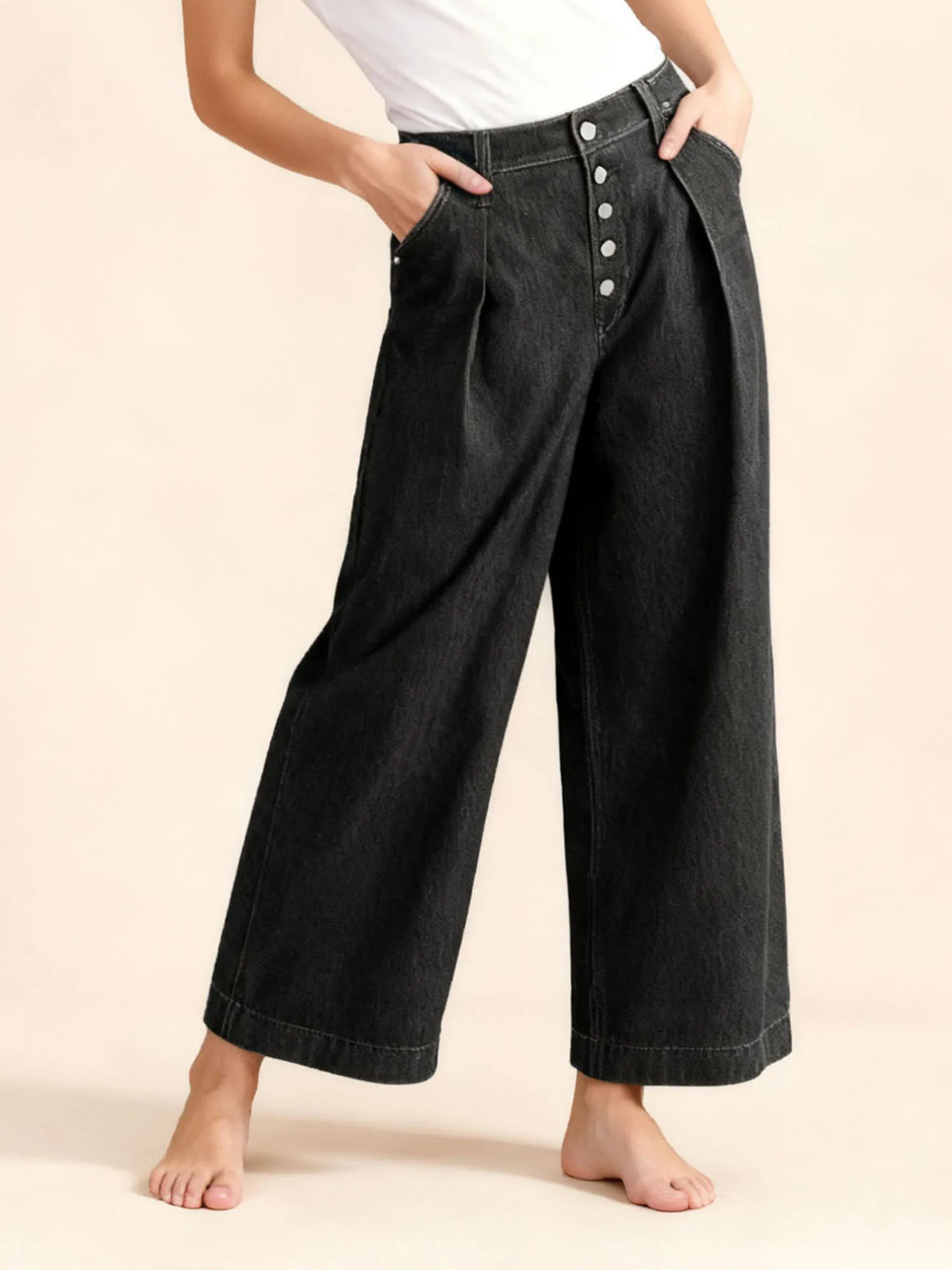 Women s Stylish Wide Leg Denim Trousers with Pockets Trendy Loose Fit Mid Rise Jeans in Solid Color for Casual Wear