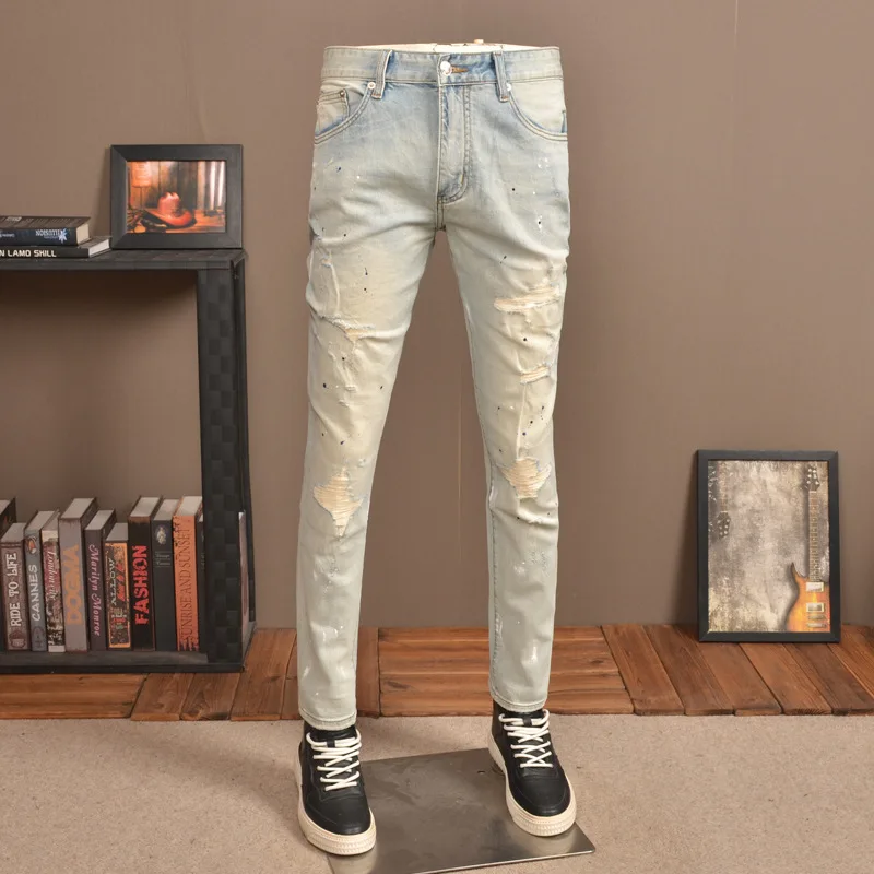 Spring thin light blue spray paint distressed MEN'S jeans fashion trendy elastic slim fit patch straight leg casual denim pants