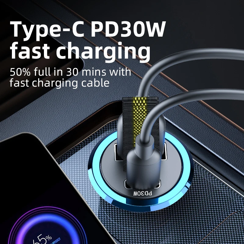 Mini USB Car Charger Super Fast Charging Type-C PD 30W Quick Charge Car Phone Charger Adapter for iPhone 15 16 Huawei Samsung
