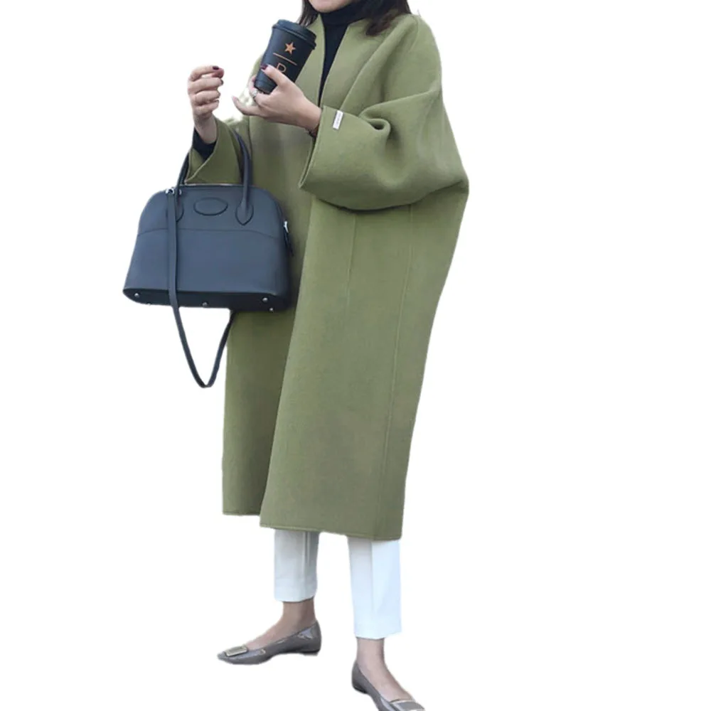 Women Cardigan Blends Round Neck Long Coats Casual Straight Wool Coat Loose Fit Full Sleeve Solid Splice Outwear Regular 2025 - 5