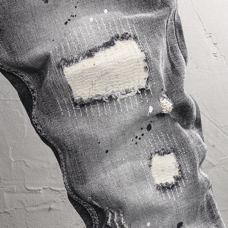 Newly Designer Fashion Men Jeans High Quality Retro Black Gray Elastic Slim Fit Ripped Jeans Men Patched Vintage Denim Pants