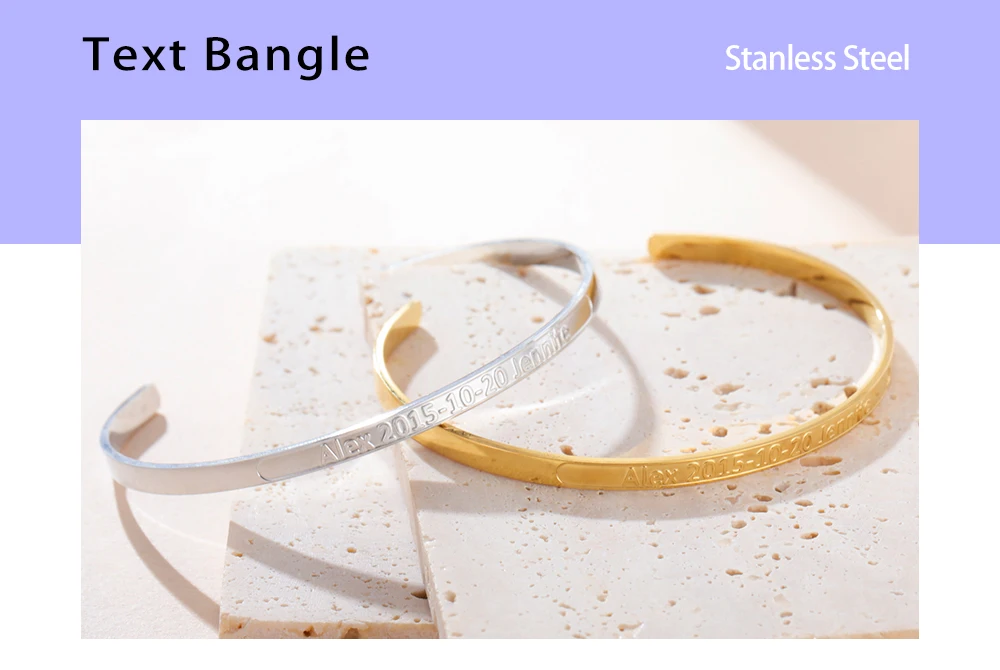 Couple Name Text Engrave Custom Bangle Personalized Bracelet Cuff Gift for Women Men Family Friend Metal Stainless Steel Jewelry