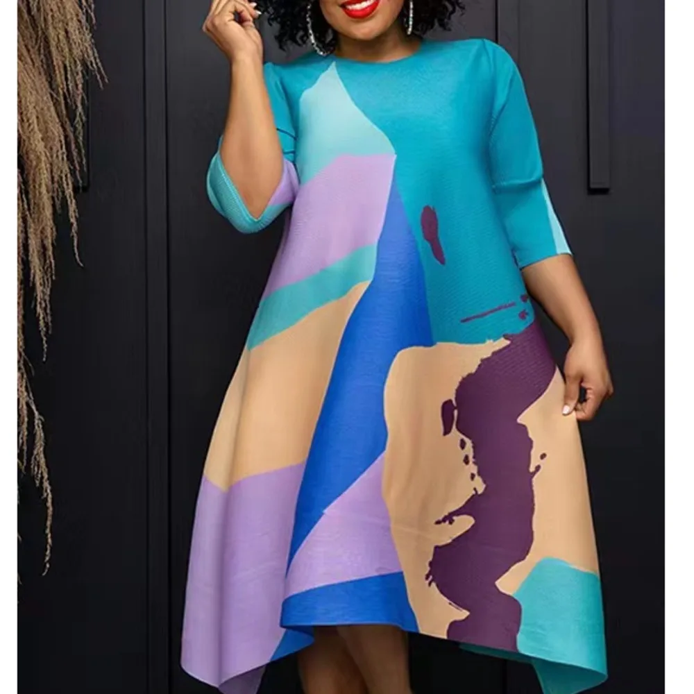 

Women's Summer Dress Double Sided Positioning Printed Dress With Loose Fit New Round-neck Elegant Casual Female Clothes