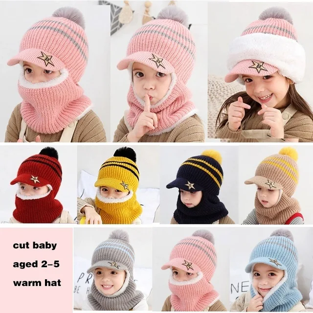 Little maven 2023 Baby 1pcs Hat Boys and Girls Autumn and Winter Thick Scarf Mask Hat Lovely and Warm for Kids 2-5year 1
