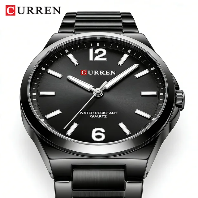 CURREN Minimalist Business Watch for Men Classic Quartz Black Wristwatch with Stainless Steel Band Luminous Hands Waterproof