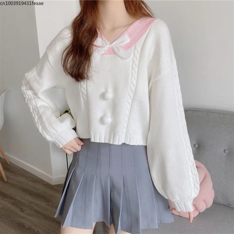 

Cute Girl Sweet Bowknot Knit Sweaters Women 2023 Autumn Casual Lantern Sleeve V Neck Pullovers Female Wild Knitted Short Sweater