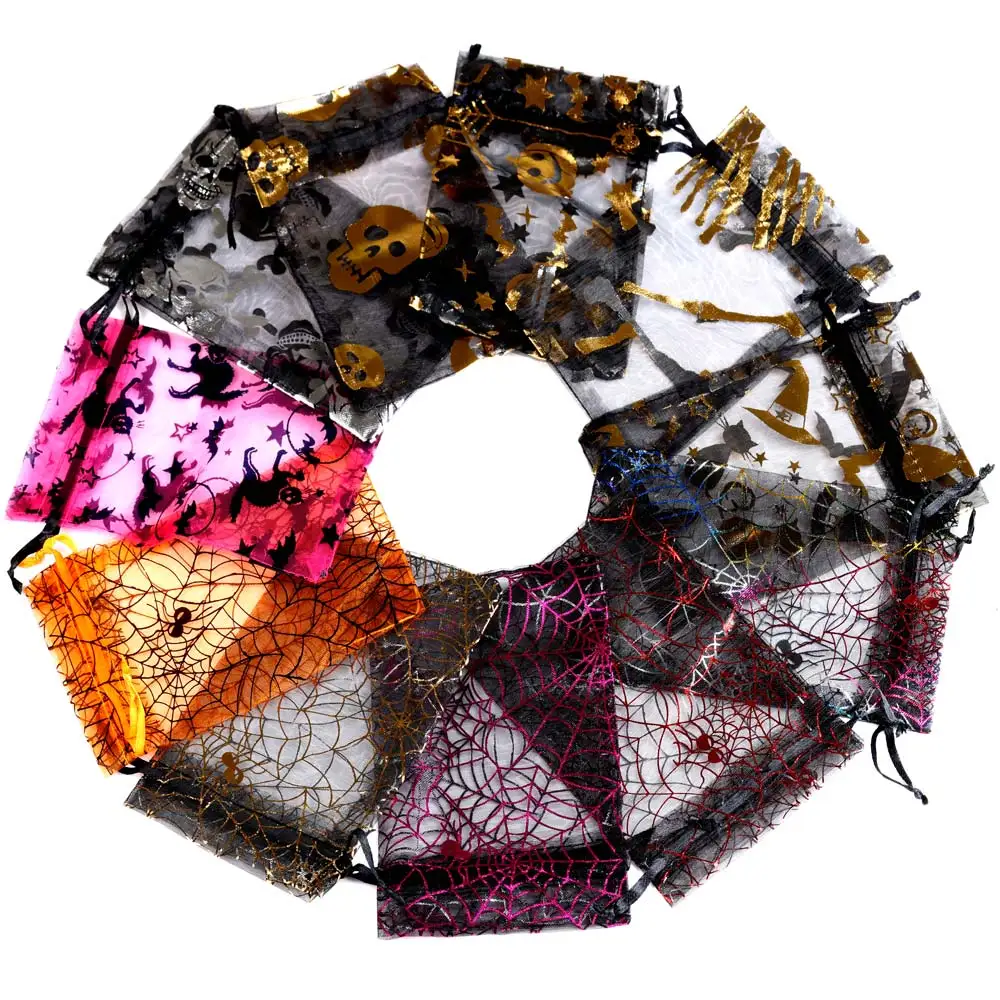 25pcs/lot Halloween Organza Bag Skull Bone Multi Color Printing Party Packaging Drawstring Pouch For Gift Candy 25pcs lot organza candy bag hight qulity polka dot drawstring pouches for wedding christmas party jewelry packing gift bags