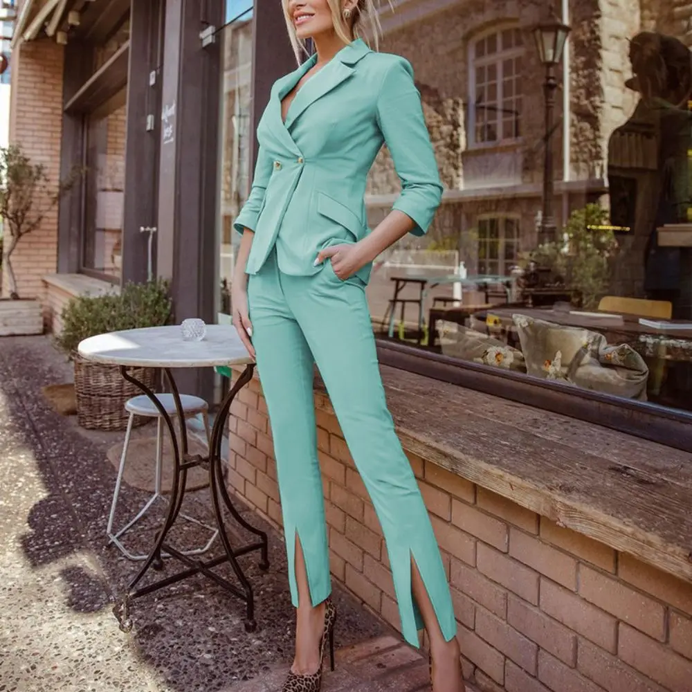 2023 New Spring Women's Suits Slim Business High-Waist Two Buttons Lapel Professional Office Ladies Blazer With Slit Ankle Pants