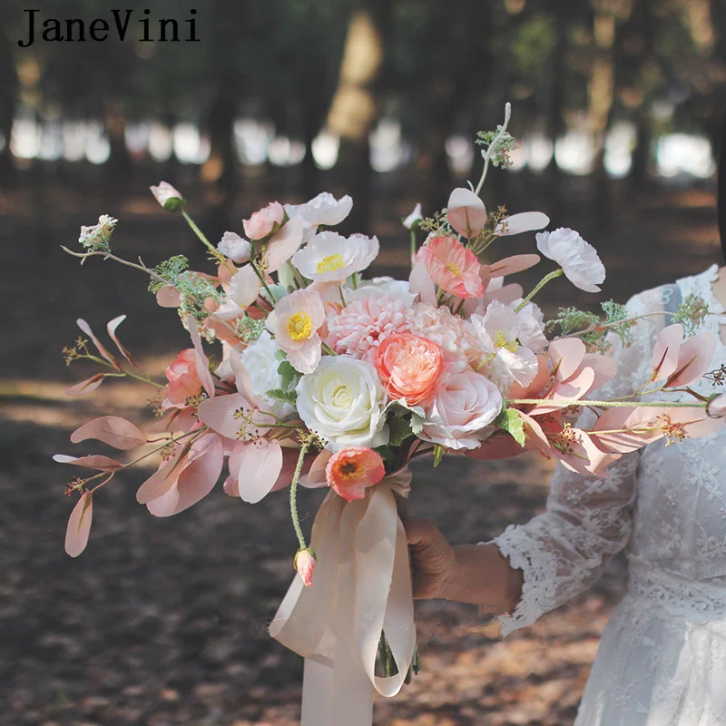 JaneVini Champagne Pink Wedding Flowers Bouquets for Brides and Bridesmaids Artificial Rose Poppy Bridal Bouquet De Fleur