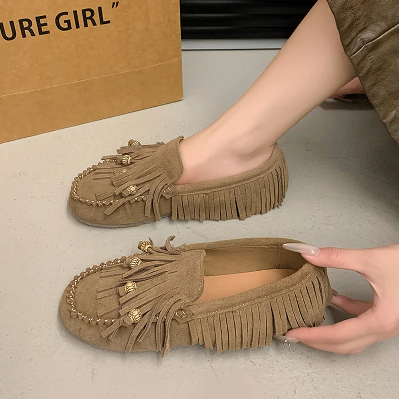 Casual Woman Shoe Fringe Female Footwear Autumn Soft Loafers With Fur Slip-on Tassel Dress Summer Fall New Slip On Moccasin Floc 2