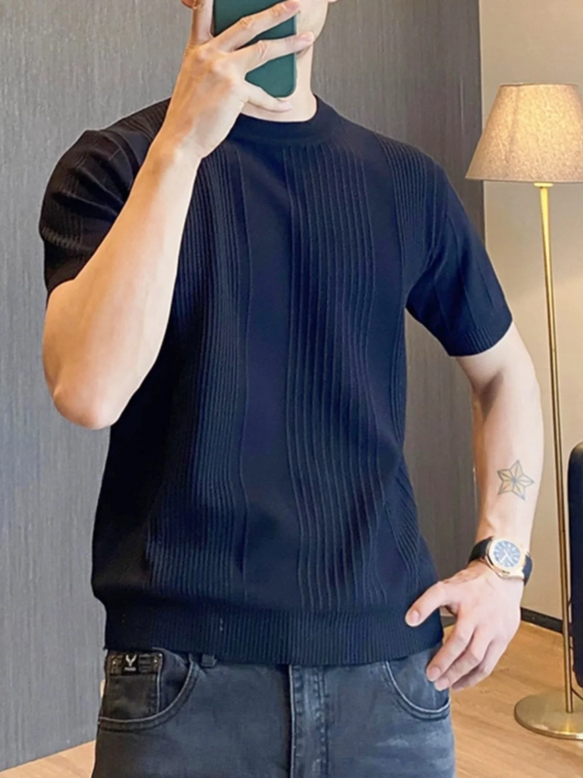 

Мужская футболка с круглым вырезом, трикотажный пуловер большого размера из ледяного шелка, джемперы с коротким рукавом, весна-лето 2024, C01