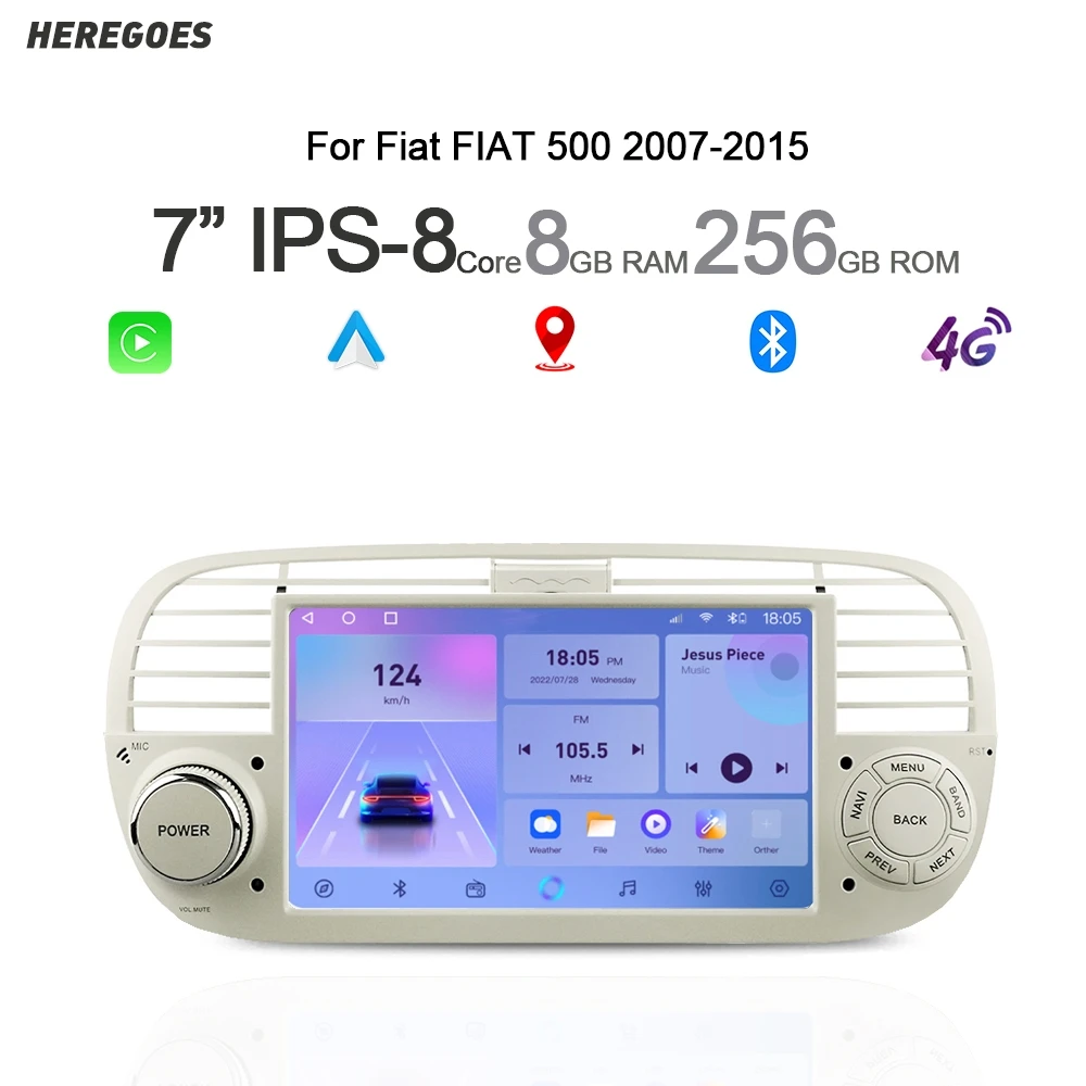 Drahtlose Carplay 7 "Android 14 Auto Radio GPS Player Navigation Stereo 8 + 256GB 4G Wifi Bluetooth Autoradio Für FIAT 500 2007-2015