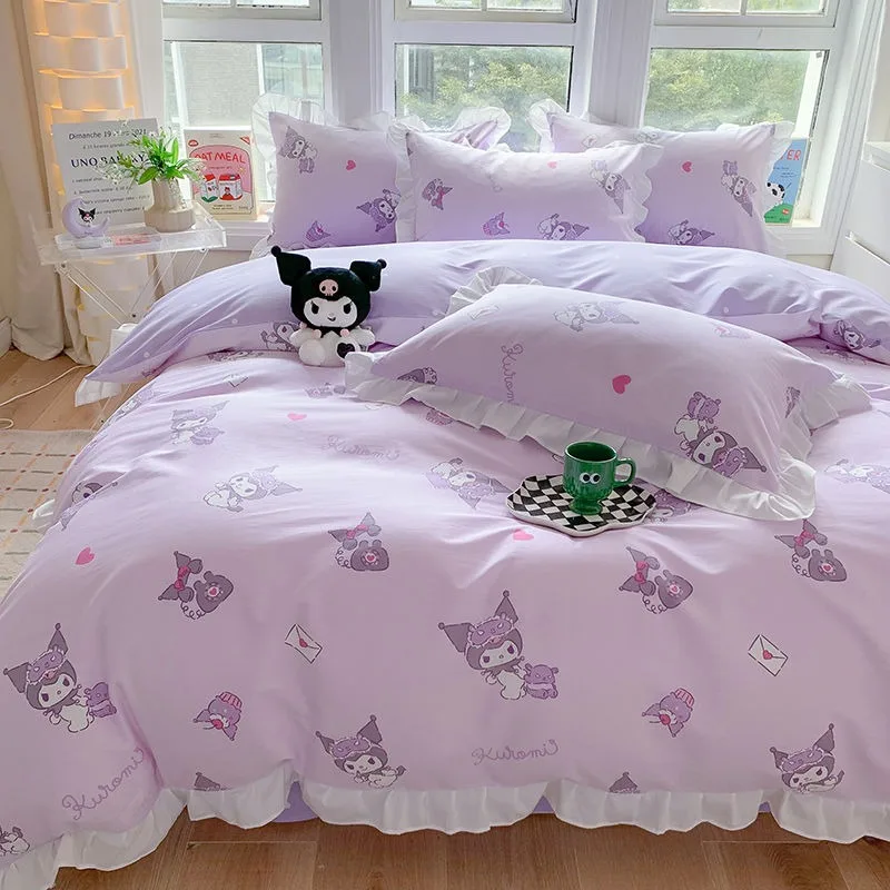 

Sanrio Kuromi cartoon cute pure cotton edge four-piece set My melody girly heart durable three-piece bedding set surprise gift