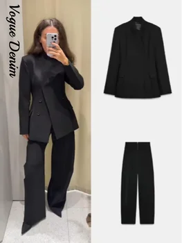 Casual Black Blazer Pants Set Women Full Sleeve Button Closed Waist Long Straight Solid Pant Sets Female 2026 Spring Lady Suits 1