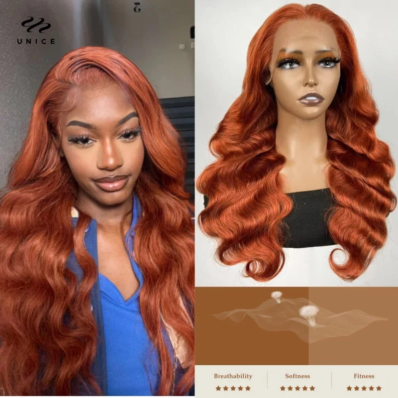 

UNice Hair Copper Brown Highlight 13x4 Lace Front Wig Body Wave Pre plucked Glueless Human Hair Lace Frontal Wigs for Women