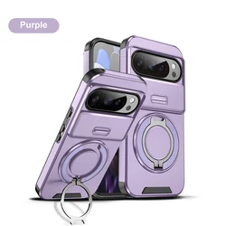 Heavy Duty Rugged Phone Case with Sliding Lens Cover and Kickstand Ring - Google Pixel 8 Pro (Purple)