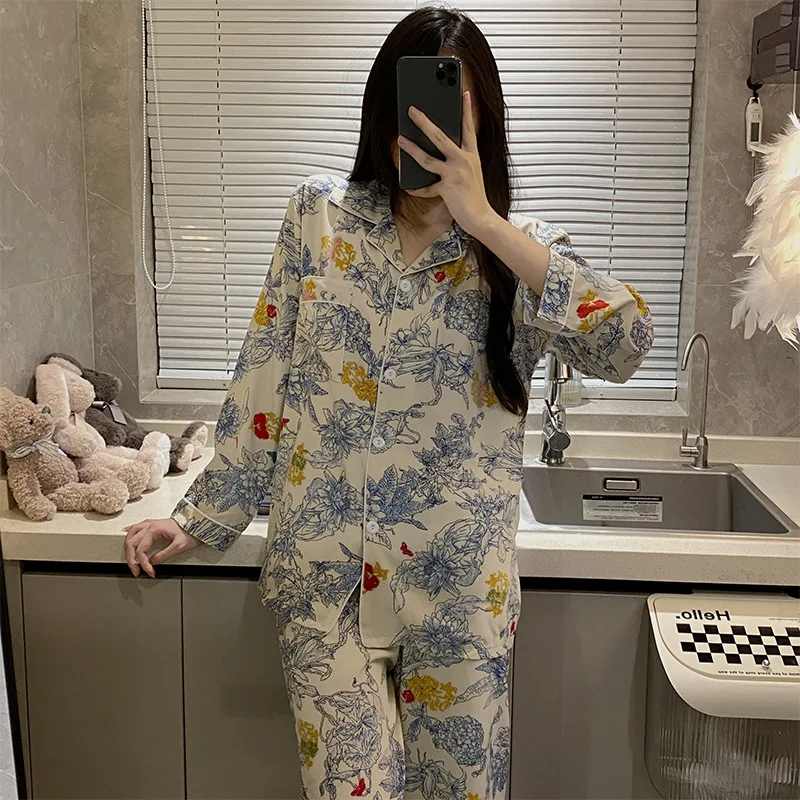 

Women 2 Piece Pajamas Sets Floral Flower Pijama Faux Silk Satin Lapel Pyjama Female Sleepwear Long Sleeve Shirt Pants Homewear