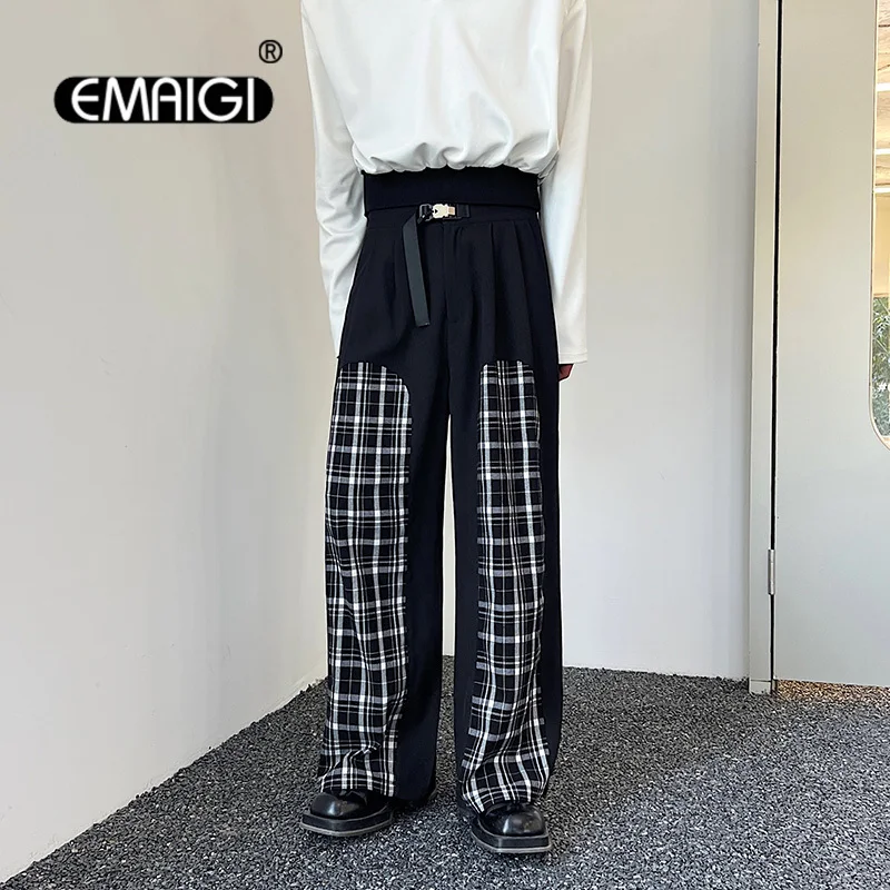 

Men Designer Belt Buckle Plaid Wide Leg Loose Casual Straight Pants Male Korean Streetwear Fashion Vintage Trousers Pant Man