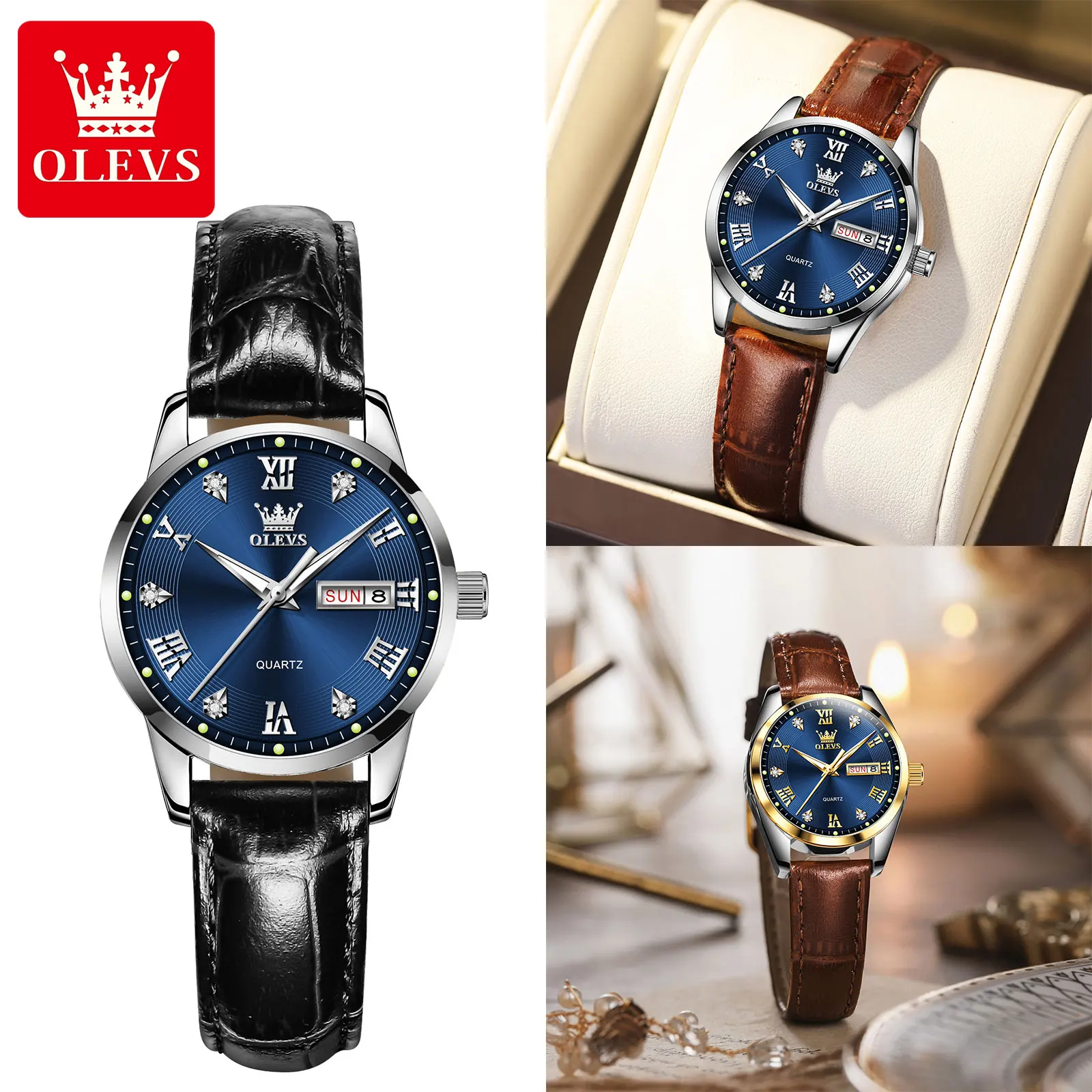 OLEVS Casual Fashion Leather Watches for Women Waterproof Calendar Luminous Lady Wrist Watch New Original Women Quartz Watches 5