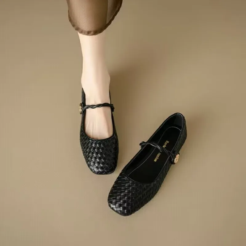 New Women's Flats Square Toe Mary Janes Shoes Woven Leather Shoes for Female Low Heels Designer Shoes Ballet Flats Autumn 5