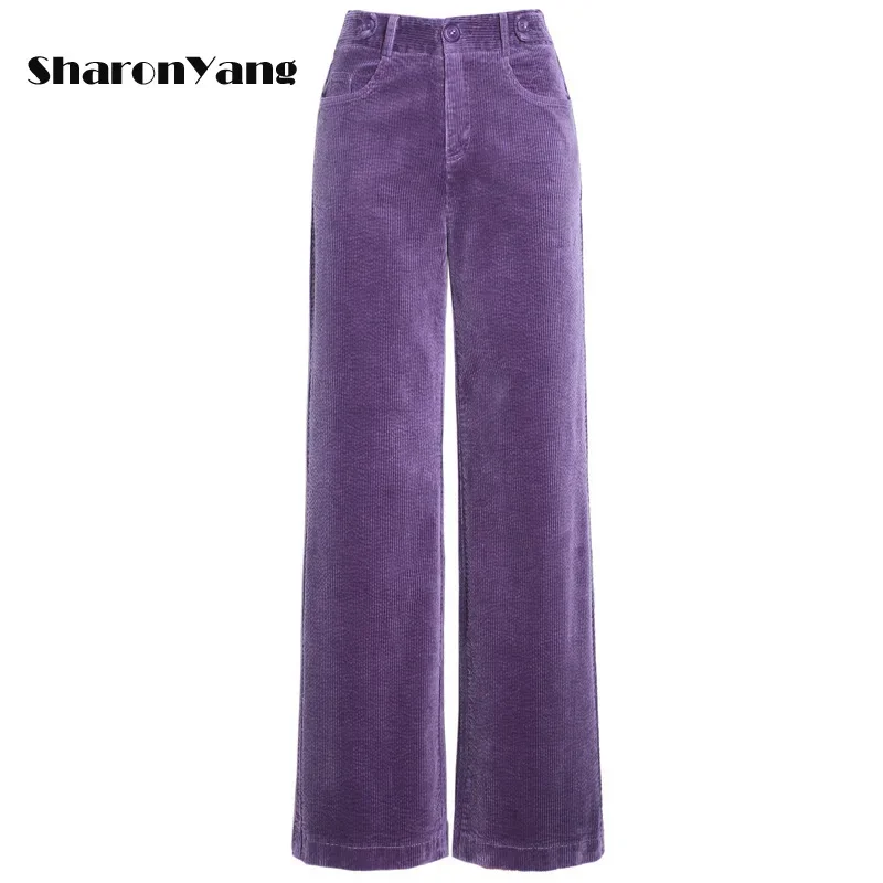 Autumn and Winter New Large Size Corduroy Wide Leg Pants Women Trousers Straight Brown Pants Woman Lady High Waist Purple