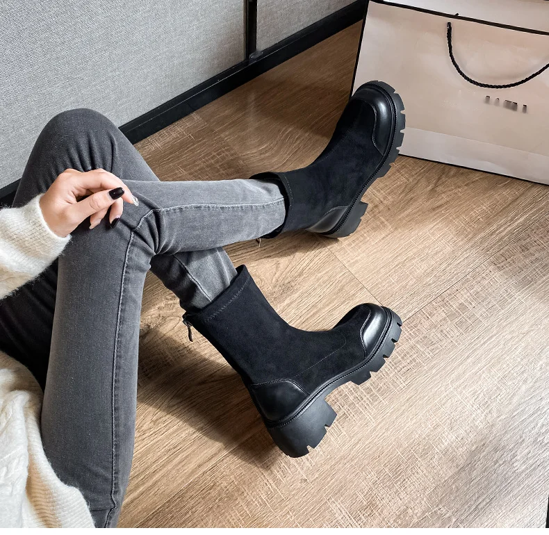 Női magas 2024-es új őszi és téli talpú rövid, vastag sarkú, rugalmas vékony zoknis csizma_voghion.com