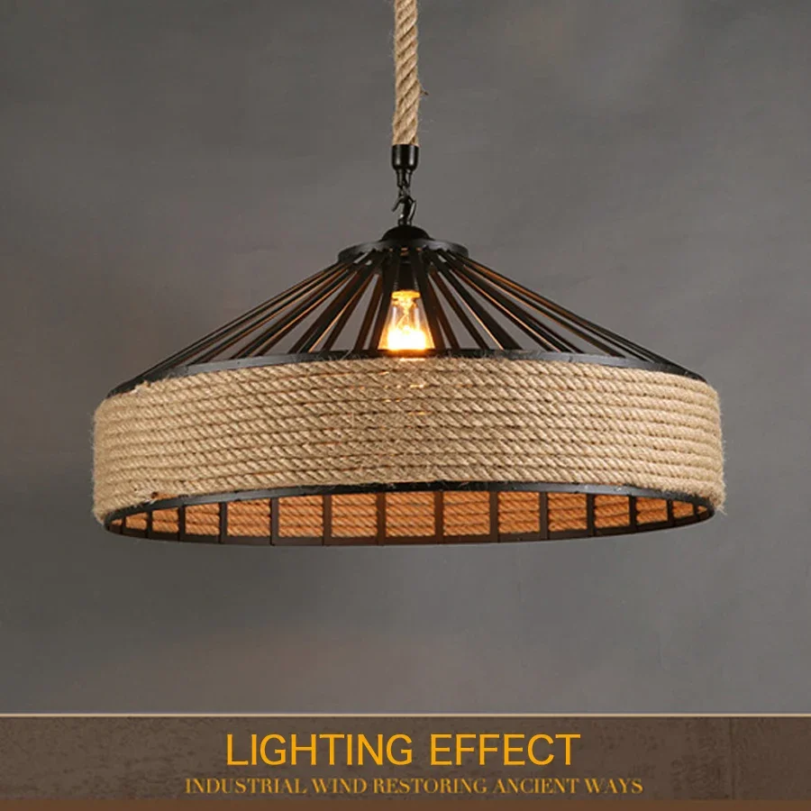 Classical Hemp Rope Pendant Hanging Lamp Lustre for Ceiling Chandelier Classic Retro Antique Industrial Iron Dining Room Light 5